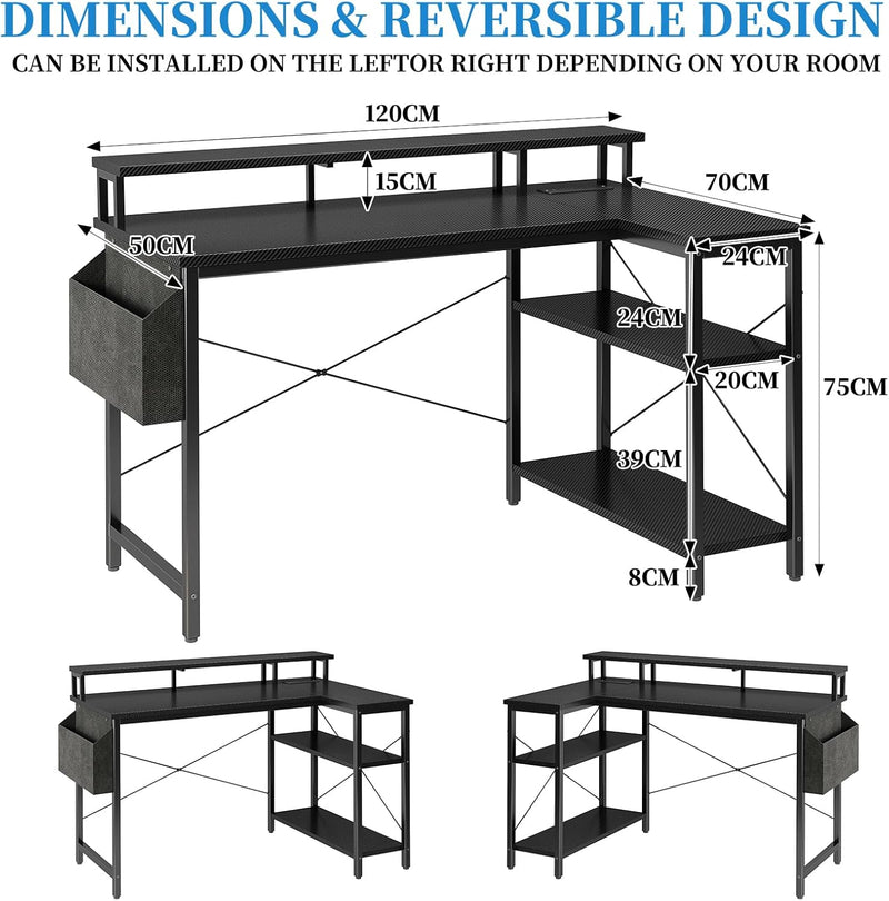 Reversible L-Shaped Gaming Desk with Power Sockets