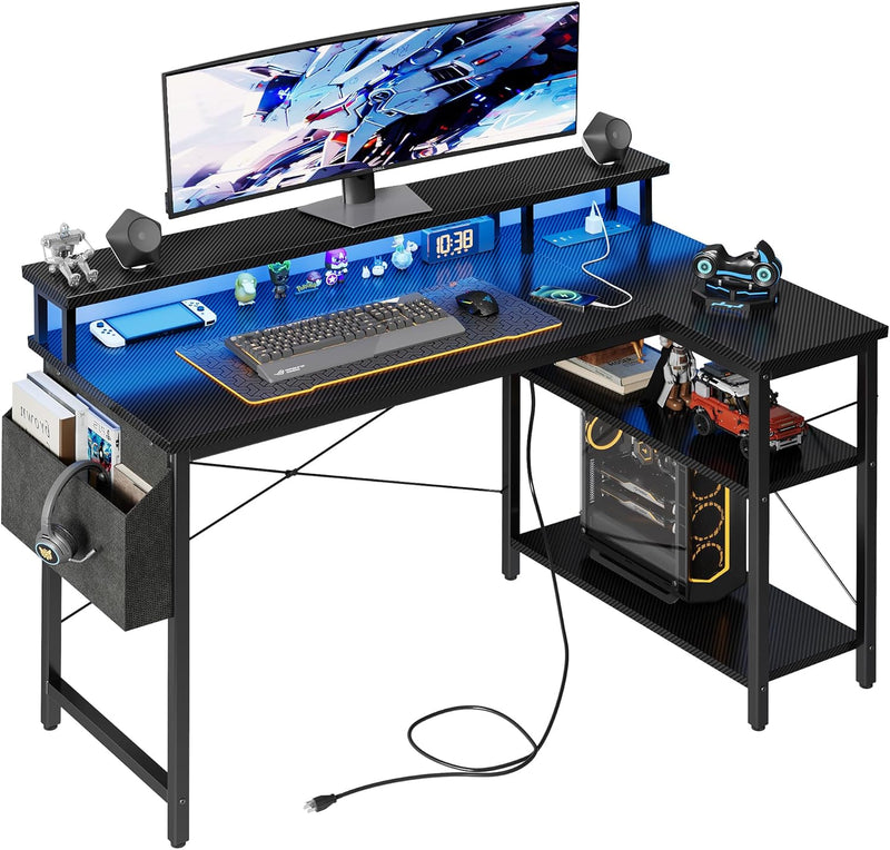 Reversible L-Shaped Gaming Desk with Power Sockets