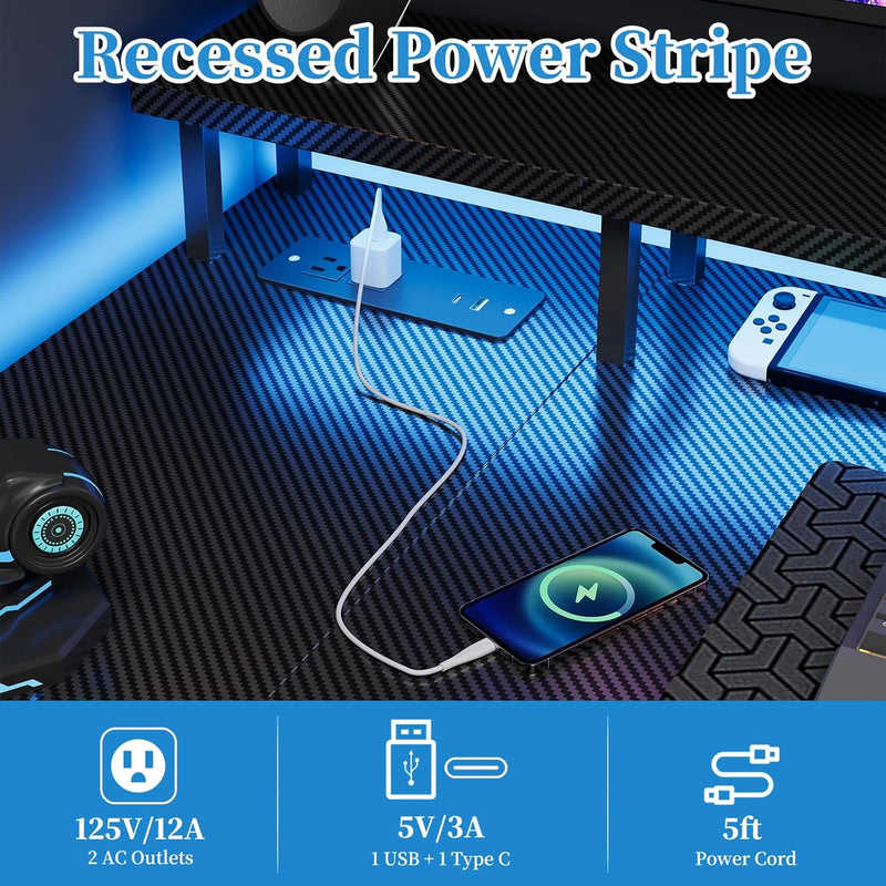 L Shaped Desk with LED Lights Power Outlets