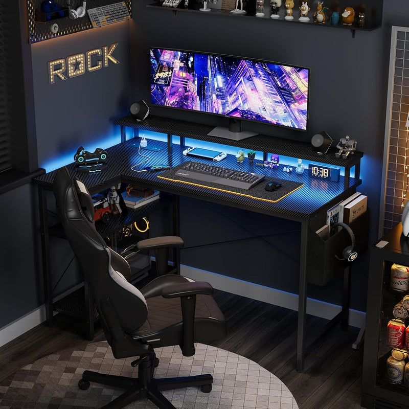 Reversible L-Shaped Gaming Desk with Power Sockets