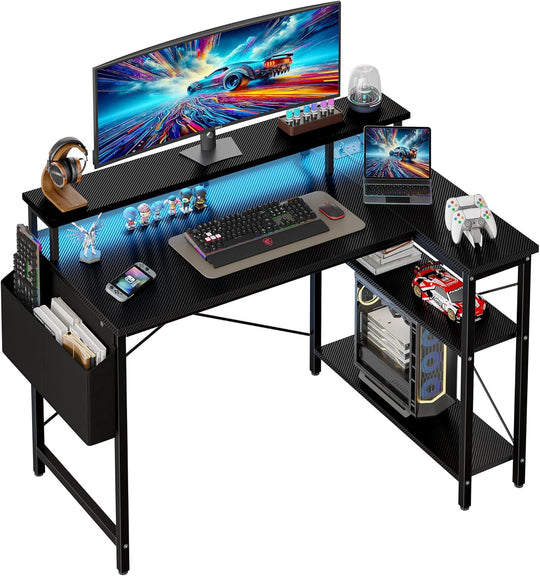 L Shaped Desk with LED Lights Power Outlets