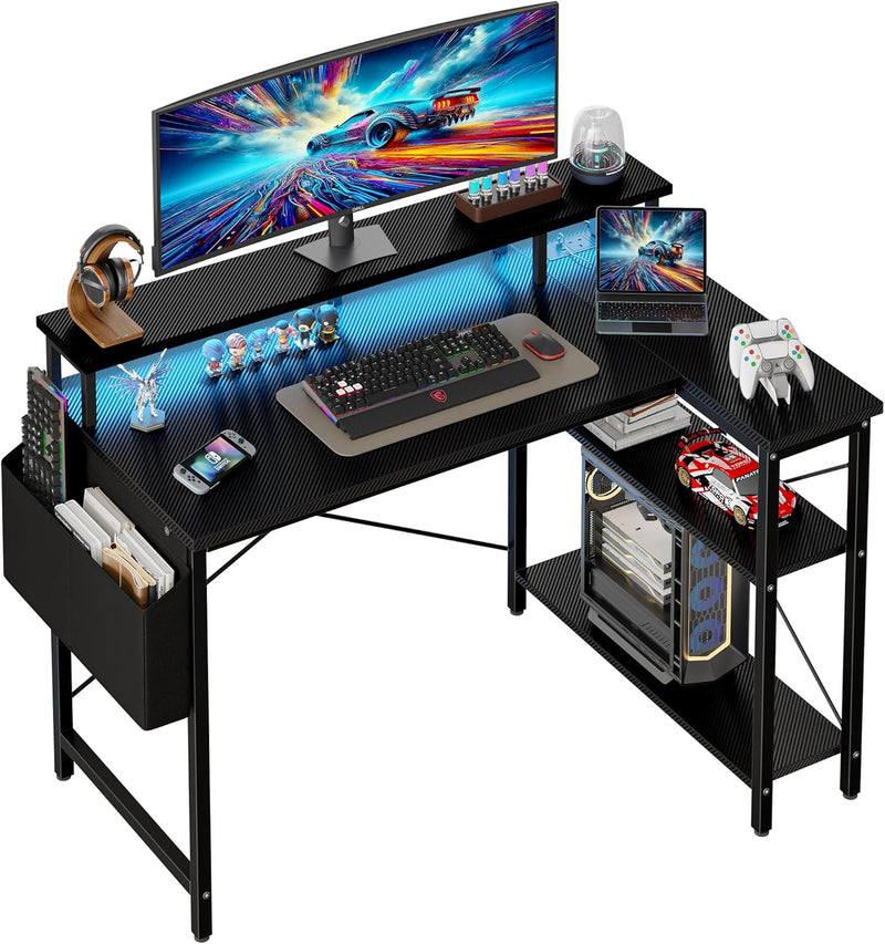 L Shaped Desk with LED Lights Power Outlets