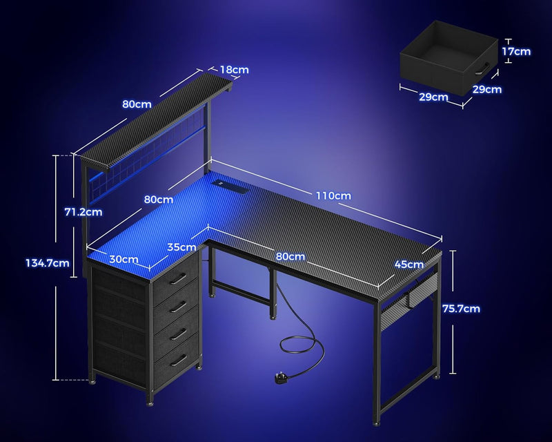 L Shaped Gaming Desk with Drawers Shelf 110
