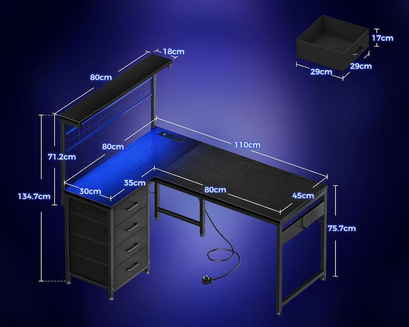 L Shaped Gaming Desk with Drawers Shelf 110