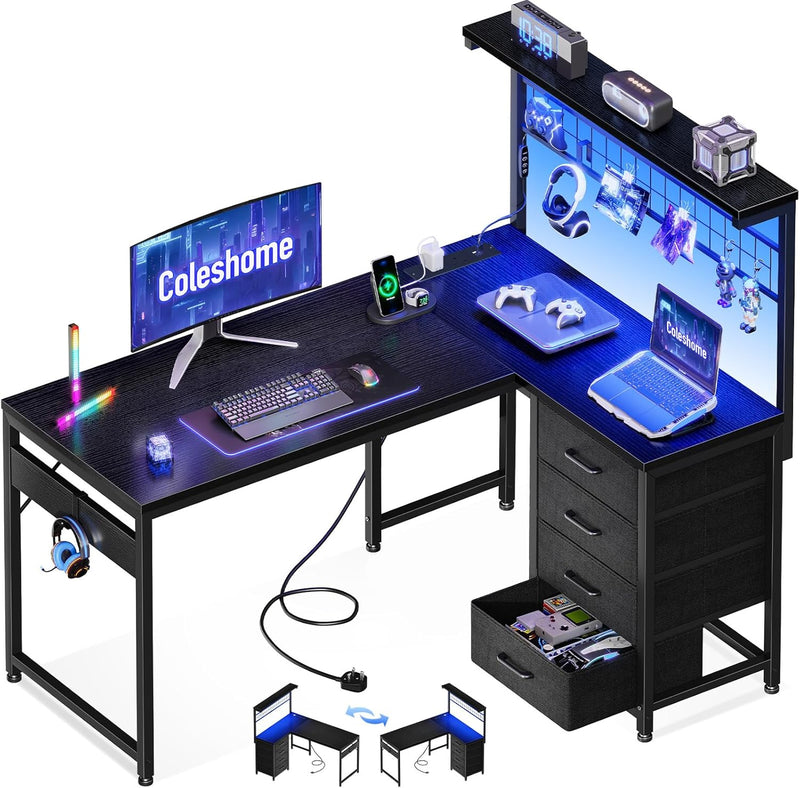 L Shaped Gaming Desk with Drawers Shelf 110