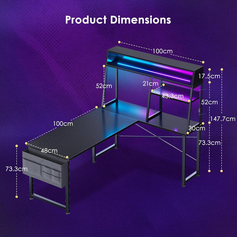L Shaped Gaming Desk with LED Lights