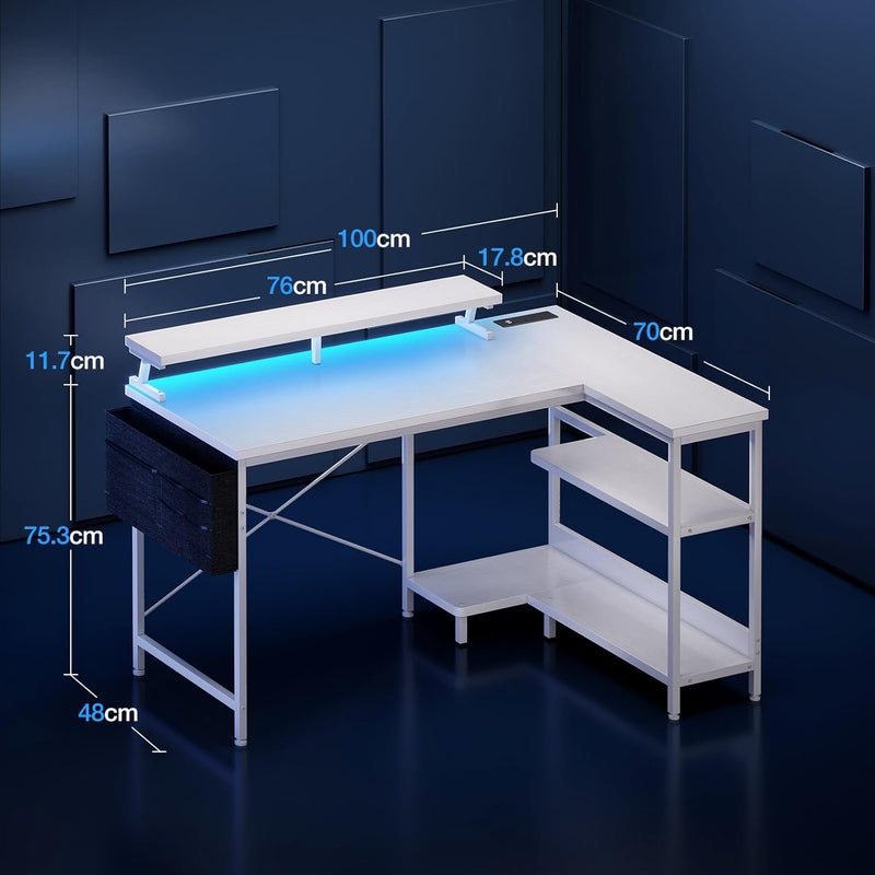 L Shaped Gaming Desk with LED Lights Power