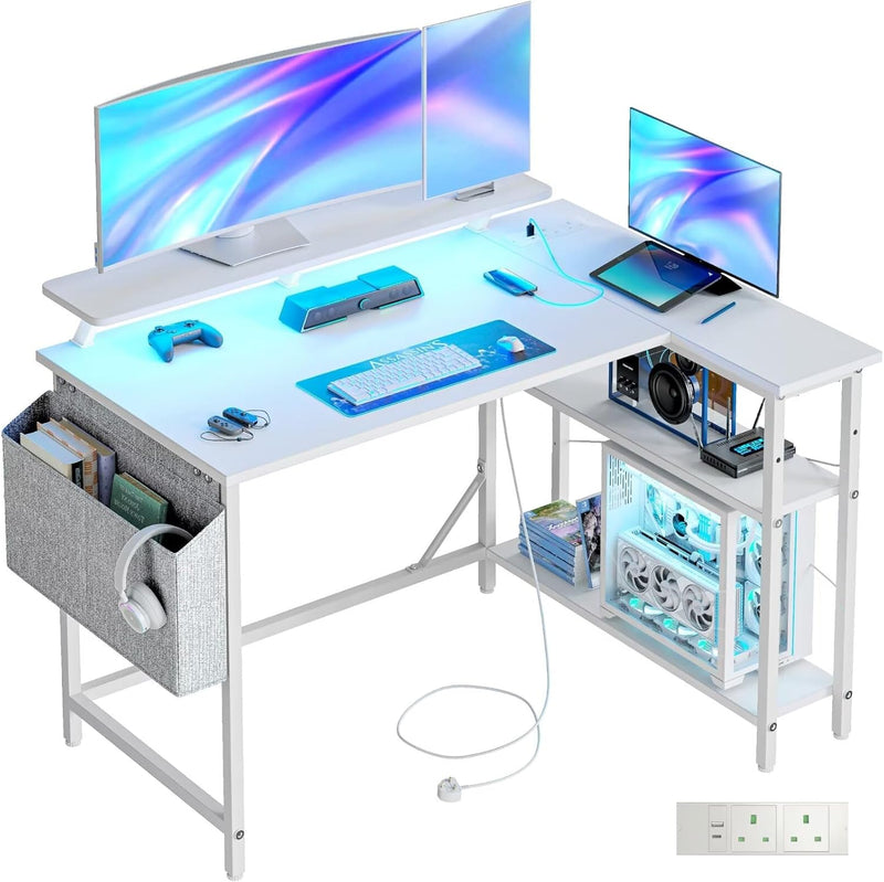 L Shaped Gaming Desk with LED Lights Power