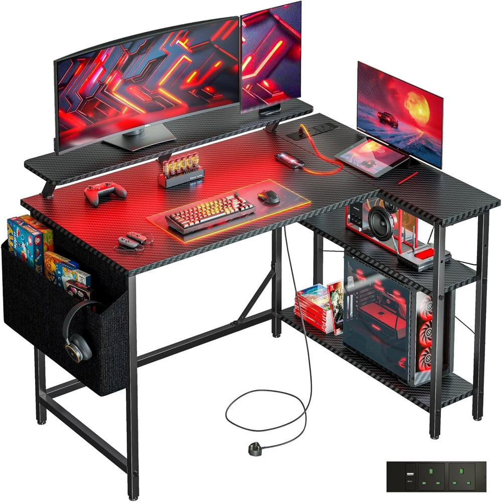 L Shaped Gaming Desk with LED Lights Power