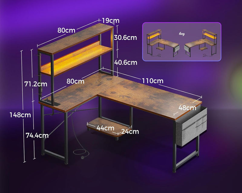 L Shaped Gaming Desk with LED Lights Power