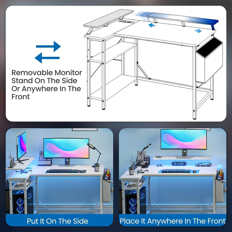 L Shaped Gaming Desk with LED Lights Power