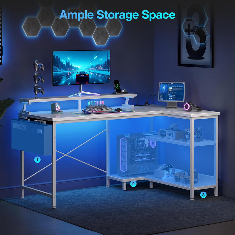 L Shaped Gaming Desk with LED Lights Power