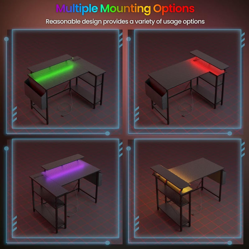 L Shaped Gaming Desk with LED Lights Power