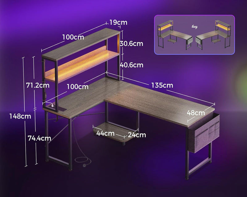 L Shaped Gaming Desk with LED Lights Power