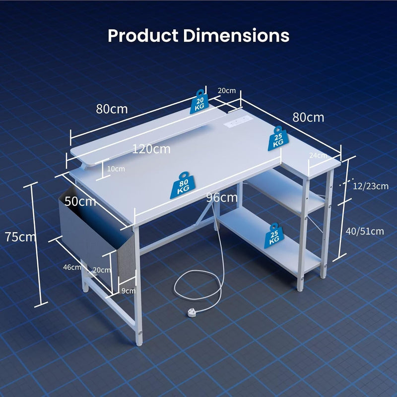 L Shaped Gaming Desk with LED Lights Power