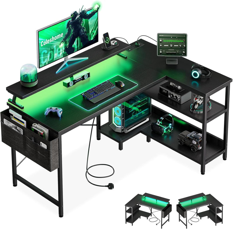 L Shaped Gaming Desk with LED Lights Power
