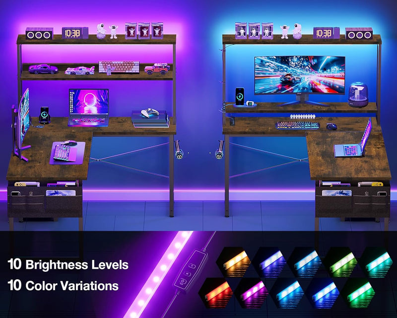 L Shaped Gaming Desk with LED Lights Power