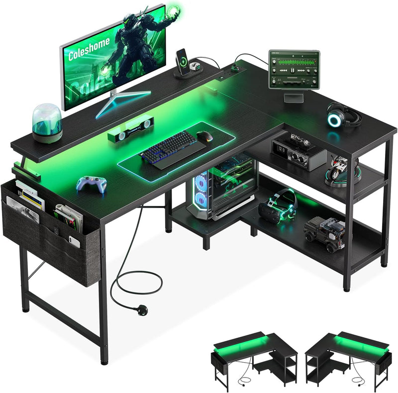L Shaped Gaming Desk with LED Lights Power