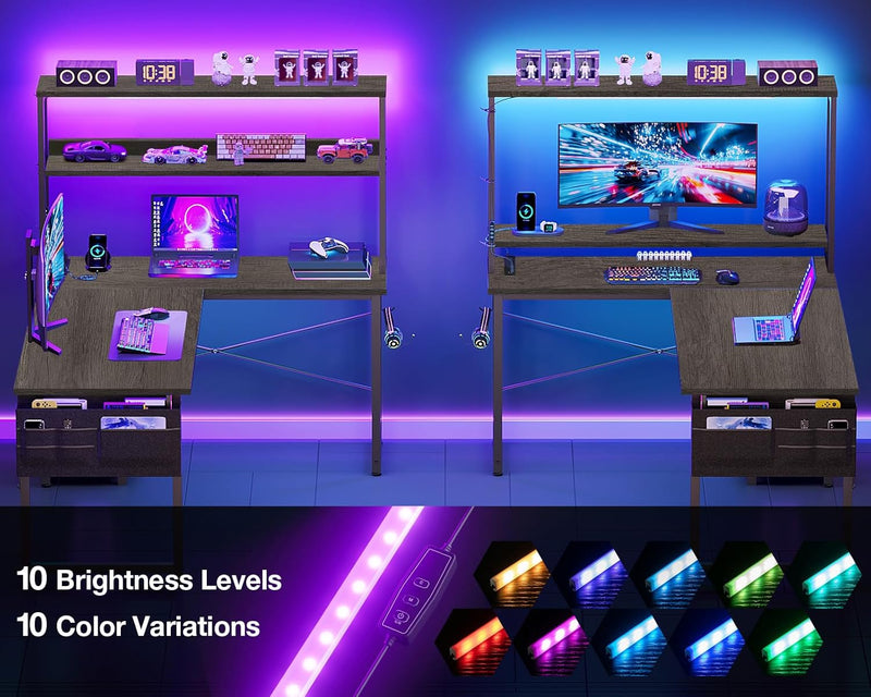 L Shaped Gaming Desk with LED Lights Power