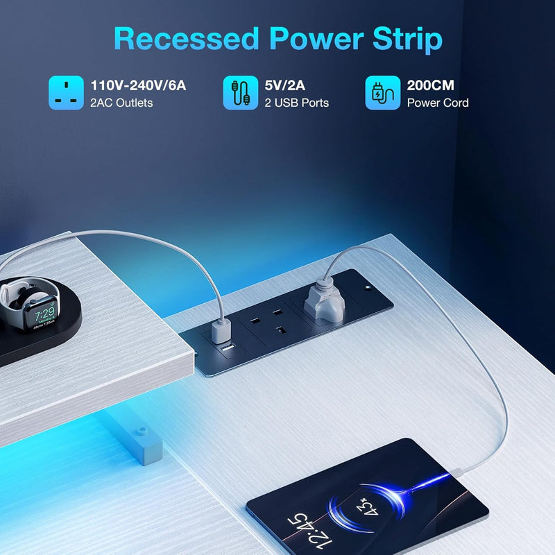 L Shaped Gaming Desk with LED Lights Power