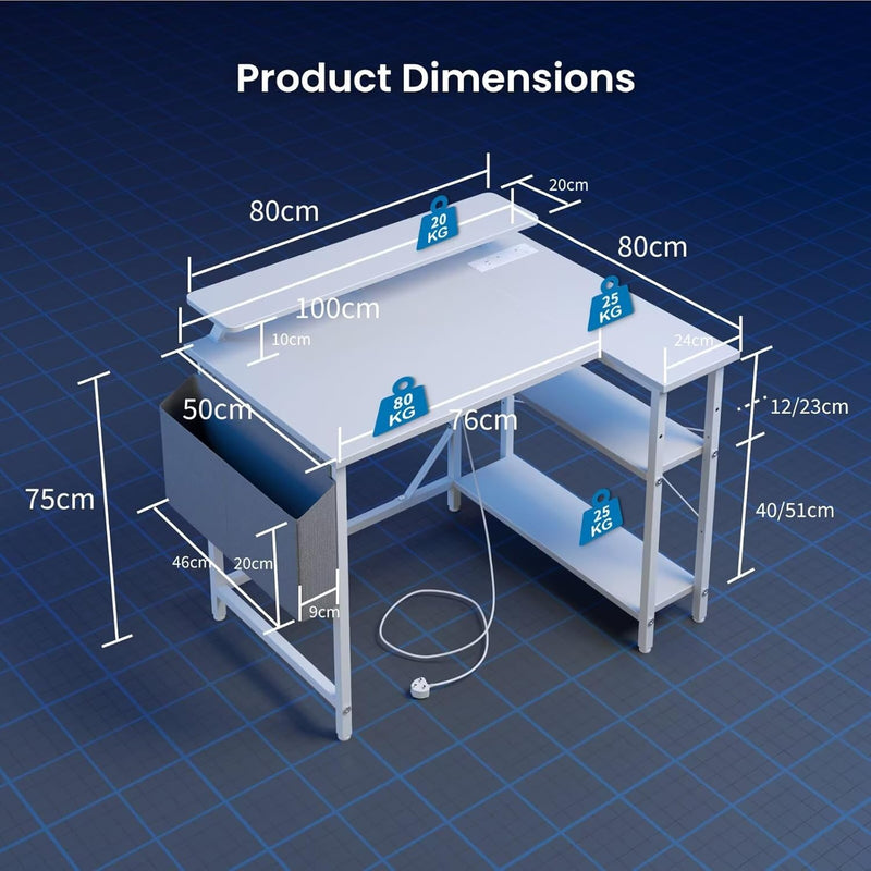 L Shaped Gaming Desk with LED Lights Power