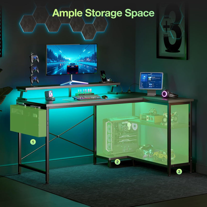 L Shaped Gaming Desk with LED Lights Power