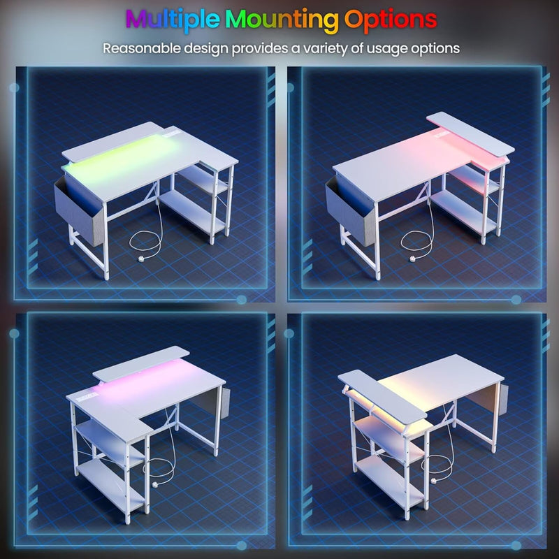 L Shaped Gaming Desk with LED Lights Power