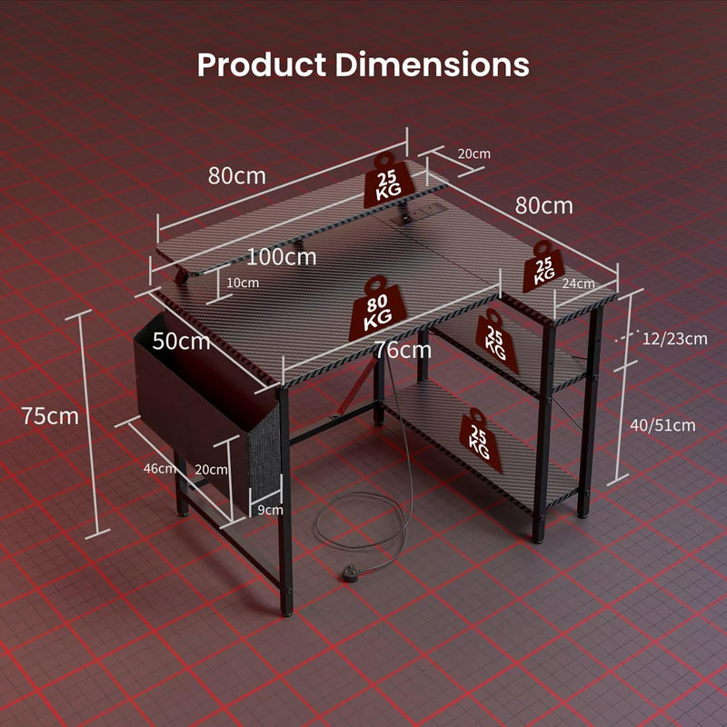 L Shaped Gaming Desk with LED Lights Power