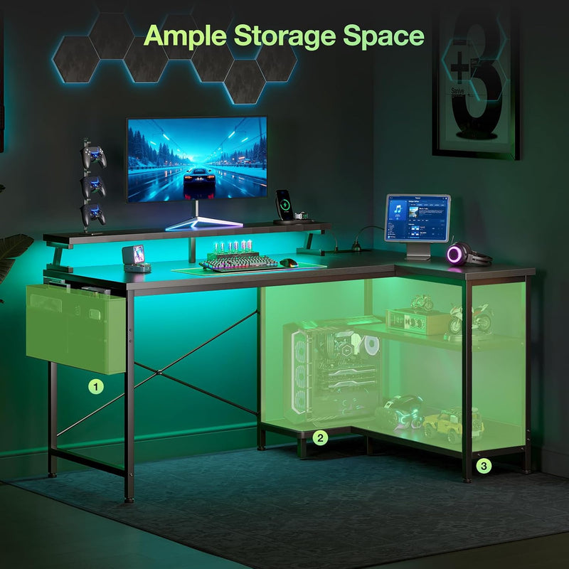 L Shaped Gaming Desk with LED Lights Power
