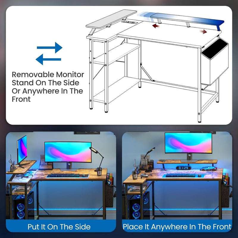 L Shaped Gaming Desk with LED Lights Power