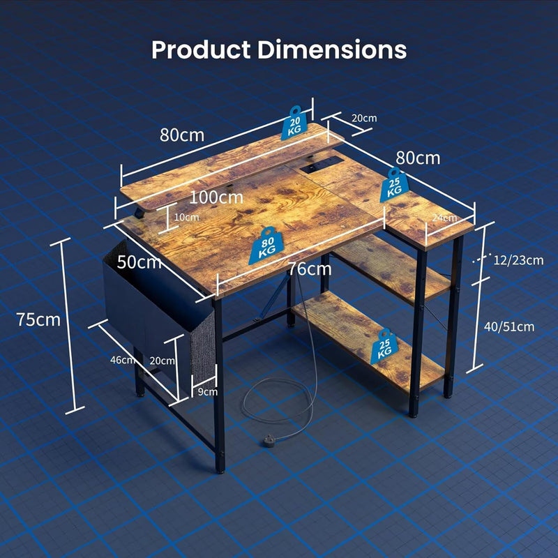 L Shaped Gaming Desk with LED Lights Power