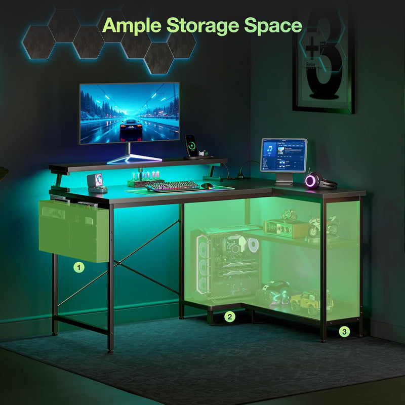 L Shaped Gaming Desk with LED Lights Power