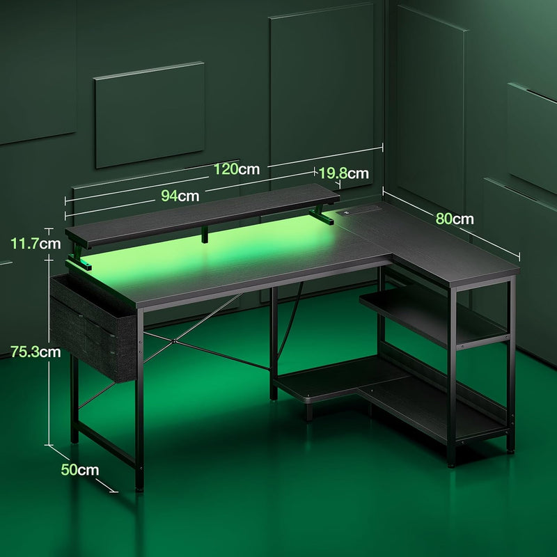 L Shaped Gaming Desk with LED Lights Power