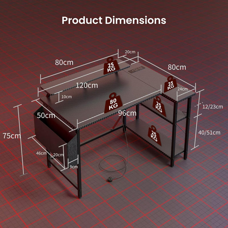 L Shaped Gaming Desk with LED Lights Power