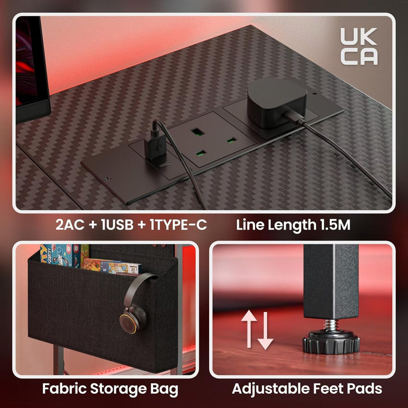 L Shaped Gaming Desk with LED Lights Power