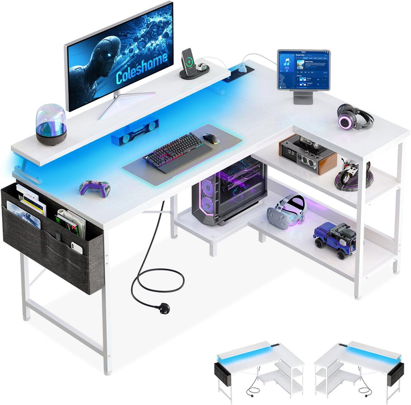 L Shaped Gaming Desk with LED Lights Power
