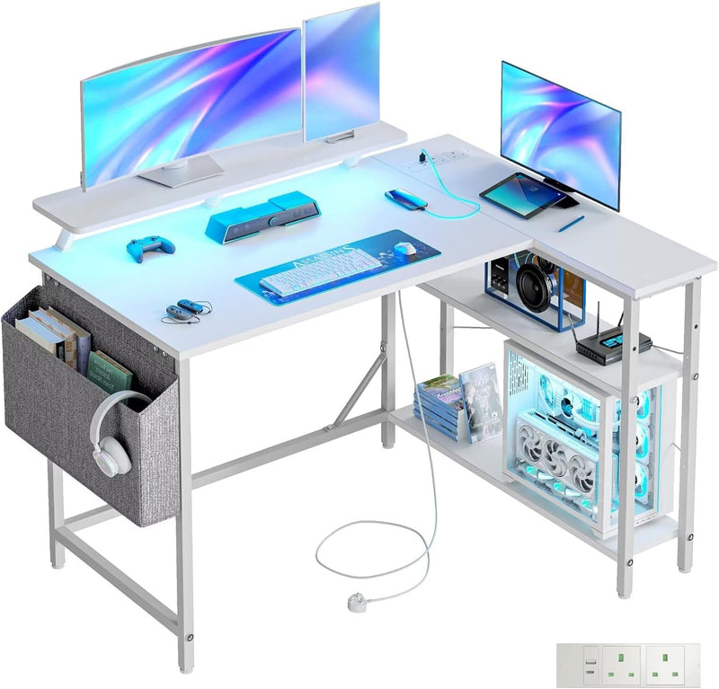 L Shaped Gaming Desk with LED Lights Power