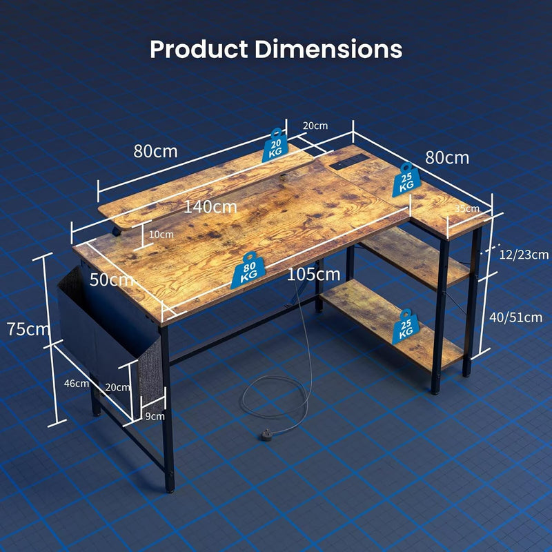 L Shaped Gaming Desk with LED Lights Power