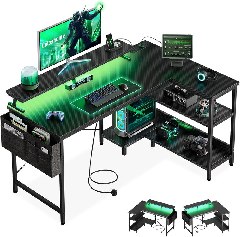L Shaped Gaming Desk with LED Lights Power
