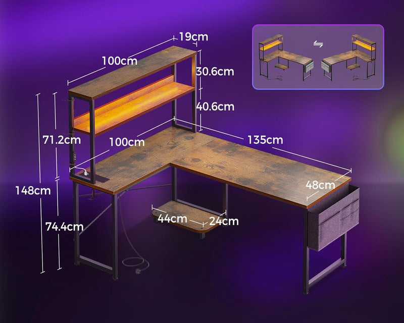 L Shaped Gaming Desk with LED Lights Power