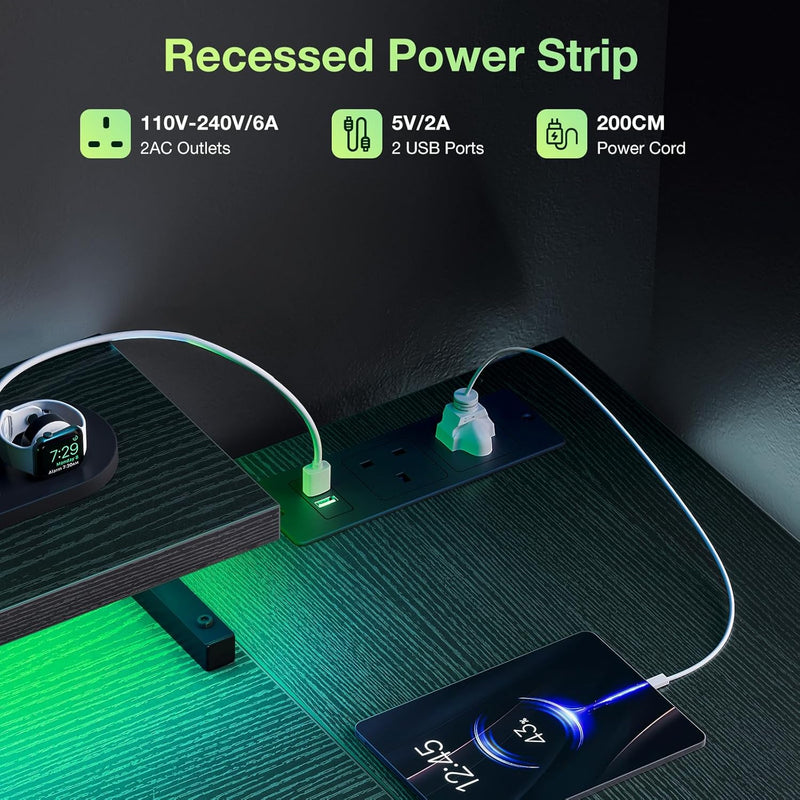 L Shaped Gaming Desk with LED Lights Power