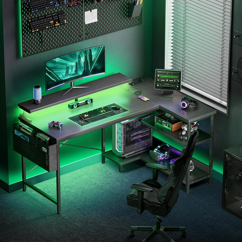 L Shaped Gaming Desk with LED Lights Power