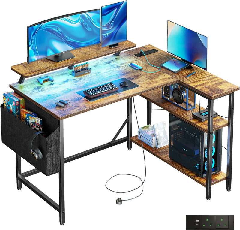 L Shaped Gaming Desk with LED Lights Power