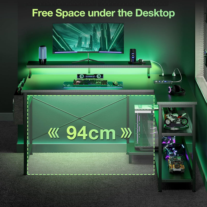 L Shaped Gaming Desk with LED Lights Power