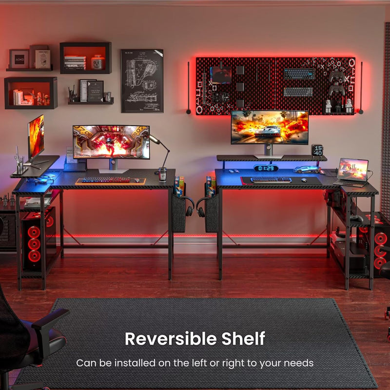 L Shaped Gaming Desk with LED Lights Power