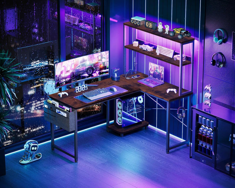 L Shaped Gaming Desk with LED Lights Power