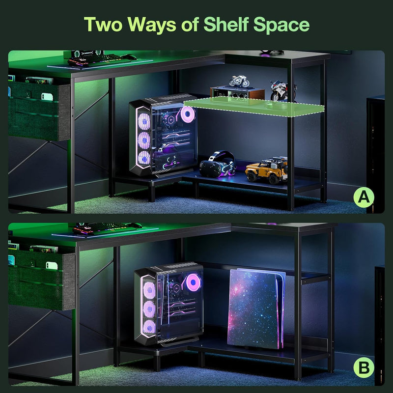 L Shaped Gaming Desk with LED Lights Power