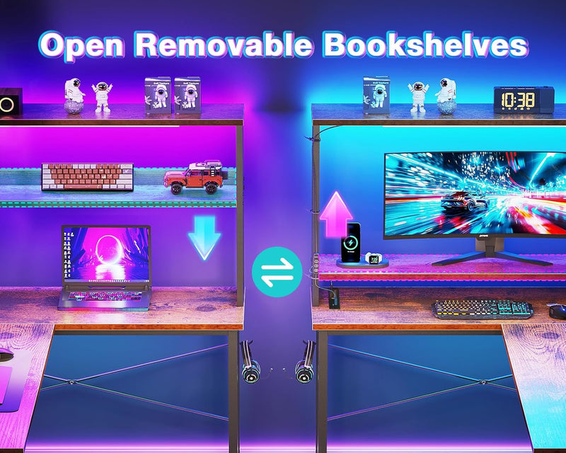 L Shaped Gaming Desk with LED Lights Power