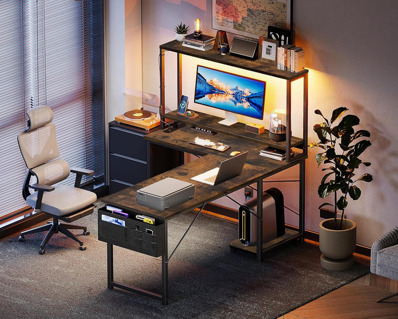L Shaped Gaming Desk with LED Lights Power