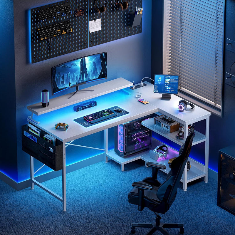 L Shaped Gaming Desk with LED Lights Power